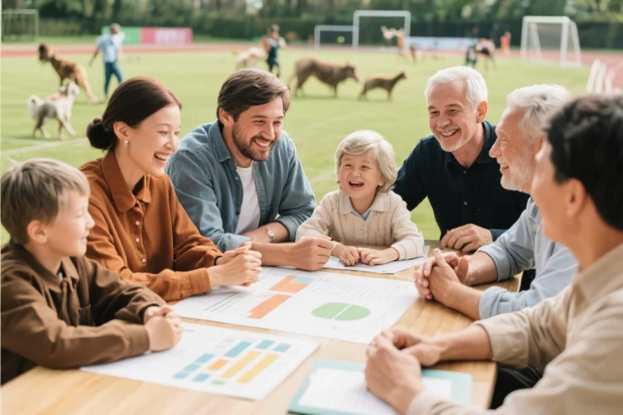 一群不同年龄的人围坐在桌前，愉快地讨论动物运动会分析，气氛轻松友好